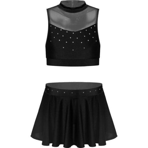 Little Big Girls Lyrical Dance 2pcs Outfit High Turtleneck Crop Top with Skirted Bottoms Children Athletic Cheerleader Costume