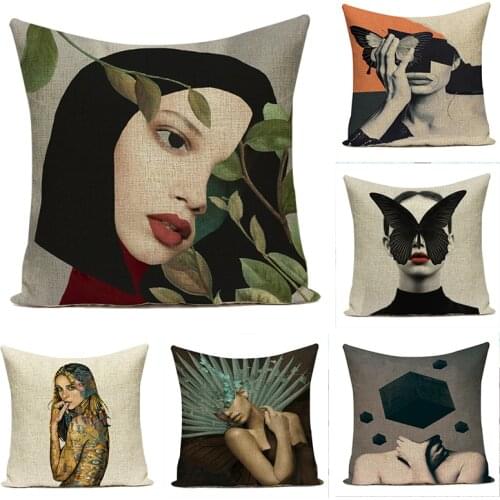 Fashionable Abstract Throw Pillows Case Vintage Retro Cushion Cover Linen Decorative Art Woman Home Decor Cushions Case Cojines