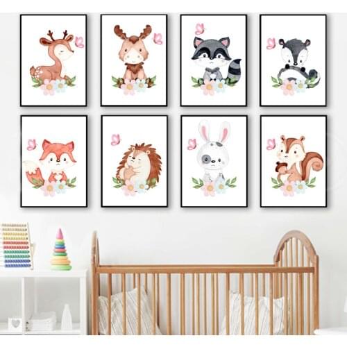 Deer Fox Raccoon Squirrel Rabbit Hedgehog Leaf Wall Art Canvas Painting Nordic Posters And Prints Wall Pictures Kids Room Decor