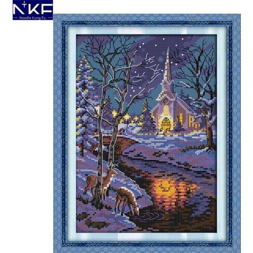 NKF Winter Night Scenes Cross Stitch Patterns 11CT14CT DIY Kits Needlework Embroidery Chinese Cross Stitch Sets for Home Decor