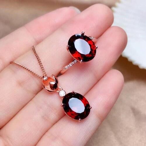 New Design Natural real red garnet luxury style jewelry set 1pc ring 1pc Pandant 925 sterling silver