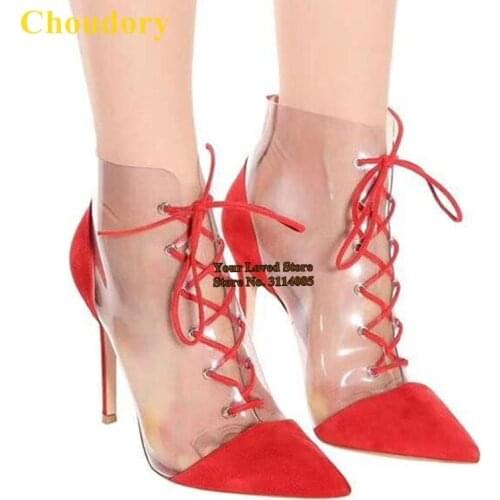 Choudory Clear PVC Lace-up Ankle Boots Pointed Toe Red White Pointed Toe Patchwork Short Booties Stiletto Heels Dress Pumps