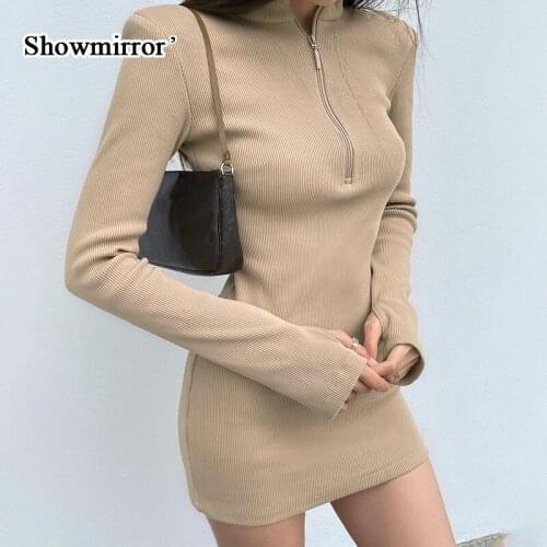 Showmirror2021 Women Knitted Bodycon Dress Sexy Long Sleeve Khaki Autumn Winter Casual Basic Mini Party Dresses Fashion