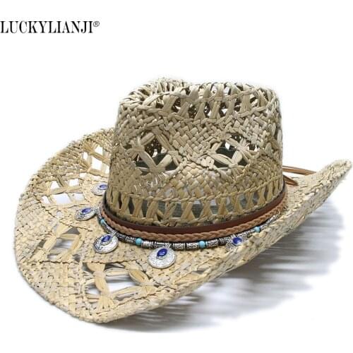 LUCKYLIANJI Women Men Original Color Wide Brim Straw Sun Beach Cowboy Cowgirl Western Hat Vintage Pendant Turquoise Band (58CM)