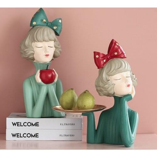 Modern Luxury Bowknot Girl Figures Decorative Resin Sculptures Home Decor Ornaments Lovely Girl Statue Room Decor Wedding Gifts