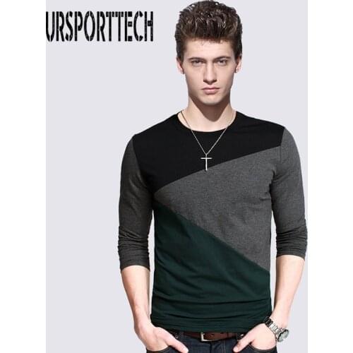 URSPORTTECH 100% Cotton Mens T Shirts Long Sleeve Round Neck Patchwork T-shirt Slim Fit Comfortable Tops Tees Plus Size M-5XL