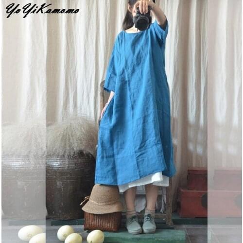 YoYiKamomo Vintage Mori Girl Dress 2018 Summer Solid Color Original Cotton Short Sleeve Loose Female Fashion Robe