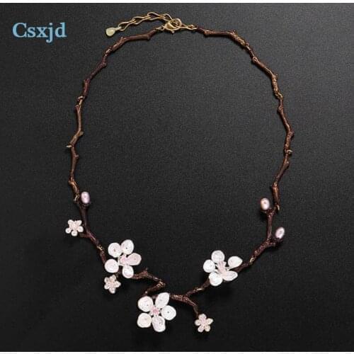 CSxjd Vintage Peach blossom Cherry flower necklace High quality Metal copper Natural pearl necklace Womens luxury jewelry