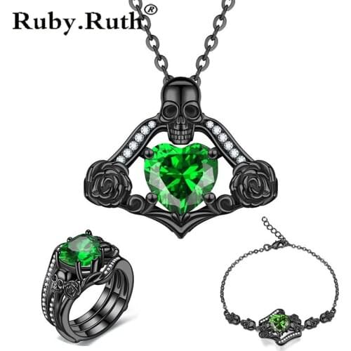 Vintage Skull Jewelry Set Statement Crystal Necklace Bracelet ring Sets Retro Skeleton Wedding Jewellery