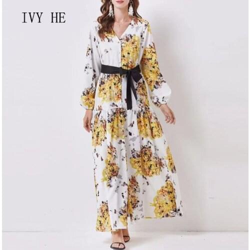 IVY HE High Quality Autumn Winter Dress Woman Clothing Elegant Printed Loose Waist Lace Up Long Vintage Party Dresses Traf ZAfu