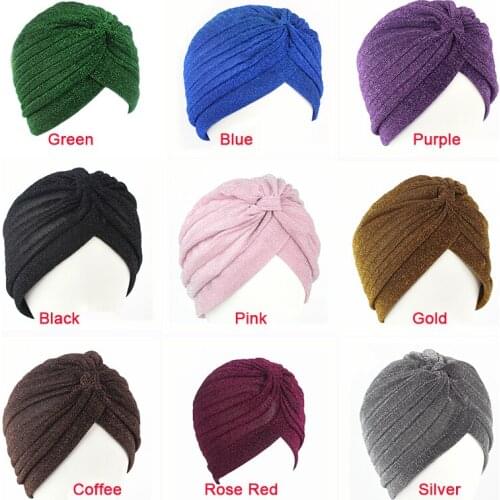 Women Shiny Silver Gold Knot Twist Turban Headbands Cap Autumn Winter Warm Headwear Casual Streetwear Female Muslim Indian Hats