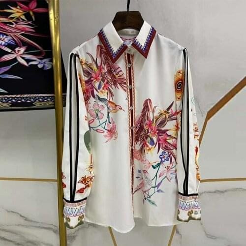 Twinset 2021 High Women Quality Runway Fashion Beading Collar White Flower Birds Print Blouse + Mini Printed Skirt Sets