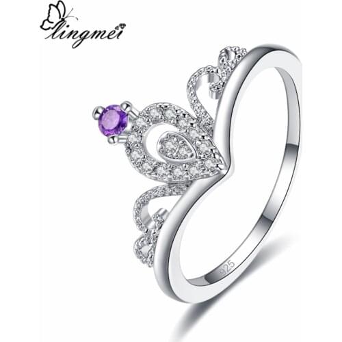Lingmei Wholesale New Luxury Fashion Crown Shaped Jewelry Purple & White Cubic Zircon Silver Color Ring Size 6-9 For Women