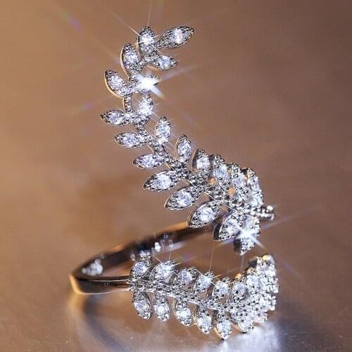 Fashion Leaf Opening Rings for Women Wedding Party Delicate Finger Ring Shing Fine Jewelry Cubic Zirconia Adjustable Ring