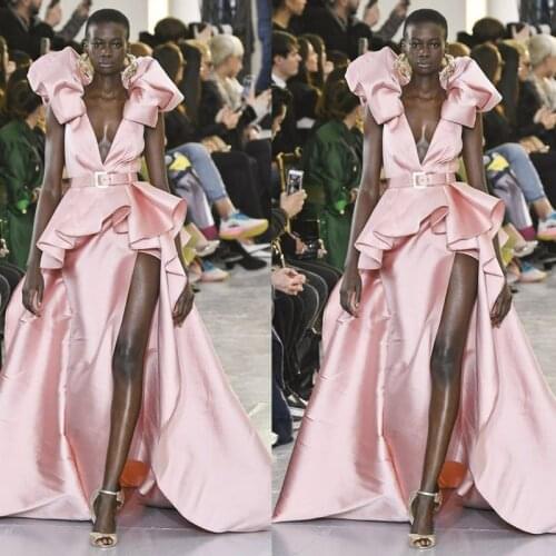 2021 Light Pink Evening Dresses V Neck Short A Line Prom Dress High Split Formal Party Gowns vestidos de novia