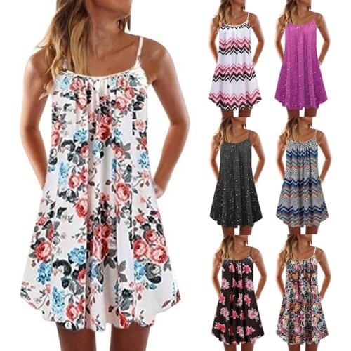 Summer Dress Womens Sexy V-neck Sleeveless Floral Printed Mini Dress Spaghetti Strap Button Boho Casual Beach Dresses Vestidos