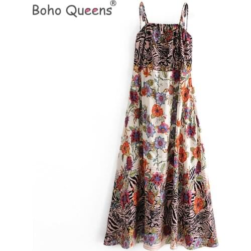 Boho Queens Women floral print sleeveless strap beach Bohemian happie dresses Ladies rayon cotton maxi dress sundress