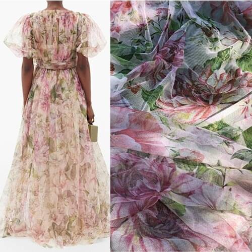 145cm Width Fashion Sicily Pink Big Peony Flower Net yarn Polyester Fabric For Woman Summer Dress DIY Cloth Sewing