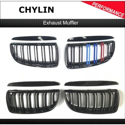 A Pair L+R 2PCS Front Glossy Black/ M Color 2 Line Double Slat Kidney Grille Grill For BMW E90 E91 4 Door 2005-2011