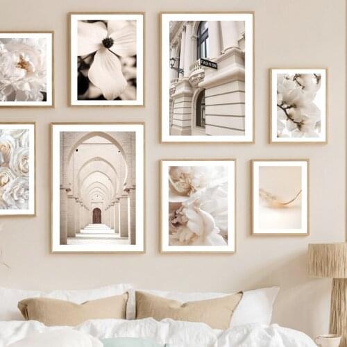Beige Landscape Nordic Poster Magnolia Peony Rose Flower Arch Wall Art Print Canvas Painting Decoration Pictures For Living Room