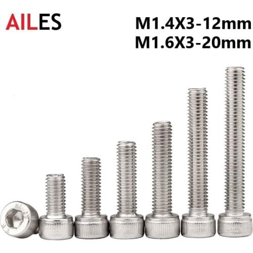 M1.4 M1.6 A2-70 304 Stainless Steel Allen Hexagon Hex Socket Cap Head Screws Bolt DIN912 M1.4 M1.6x3 4 5 6 7 8 10 12 20mm