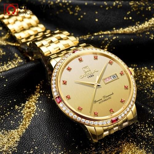 Switzerland CARNIVAL Automatic Movement Mechanical Mens Watches Top Brand Luxury relogio masculino Gold Stainless Steel Watch