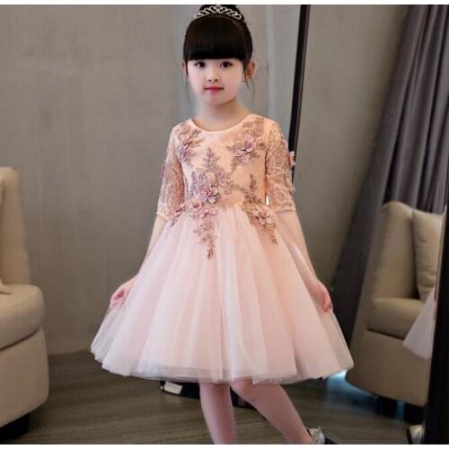 Elegant Flower Girl Dress For Weddings Appliques Tulle Evening Party Dresses Half Sleeve Baby Christening Dresses Prom Gown