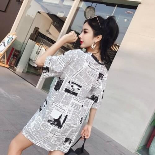 Womens News Paper t Shirts Long Style Letters Print Short Sleeve Harajuku College Girls Graphic Tees Woman Summer Tops Sp435