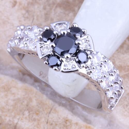 Precious Black Cubic Zirconia White CZ Silver Plated Womens Jewelry Ring Size 6 / 7 / 8 / 9 R1494