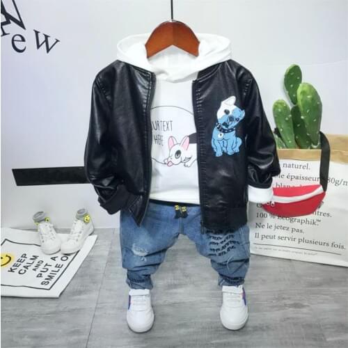 Kids Childrens Outfit Kids Boys Clothes Set Sping Autumn Boys Clothing Sets Baby Boys Faux Leather Coat+Hoodie t+Jeans 3pcs/set