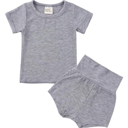 Baby Summer Clothing Newborn Kid Baby Boy Girl Clothes Short Sleeve Bodysuit Shorts Ribbed Solid 2Pcs Outfits Set