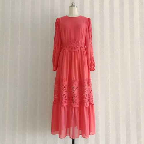 Fashion Women Red Dresses Full Sleeves Hollow Out Elegant Luxury Ball Gown Dress Vestido Birthday Party Women Clothing