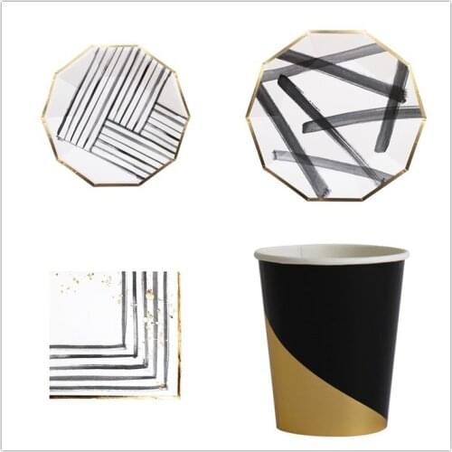 DoodlePattern Party Supplies Tableware Set Disposable Paper Tray Straw Cups Black Wedding Birthday Decoration Party Supplies