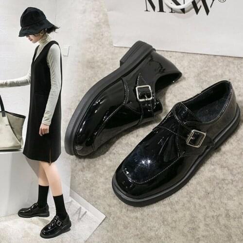 Solid Black Leather Shoes Female Oxford Shoes for Women Round Toe Metal Buckle Low Heels British Casual Shoes Woman Plus Size