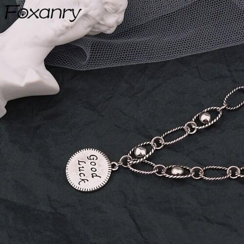 Foxanry 925 Sterling Silver Sweater Necklace Creative Design Thick Chain Good Luck Round Card Trend Party Jewelry Couples Gifts