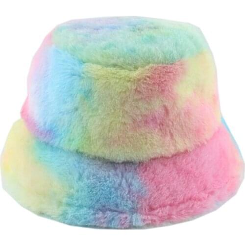 Faux Fur Winter Bucket Hat For Women Men Fashion Rainbow Soft Warm Fishing Cap Outdoor Foldable Bob Hat Panama Fisherman Hat