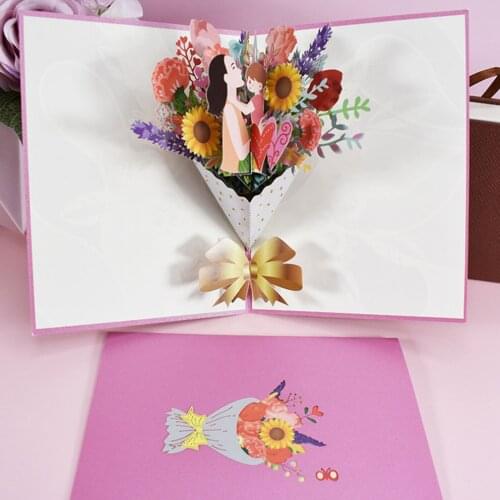Mothers Day Greeting Card 3D Paper Bouquet Pop-up Cut Folded Card with Small Card for Birthday Holiday Thanksgiving Gifts