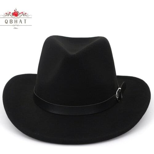 QBHAT European US Fashion Men Women Wool Felt Fedora Hat Beach Shading Unisex Cowboy Hats Belt Buckle Decor Jazz Party Cap