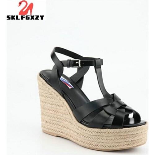 Summer New Wedges Sandals Women Genuine Leather Open Toe High Heels Shoes Buckle Platform Women Footwear Size 34-41