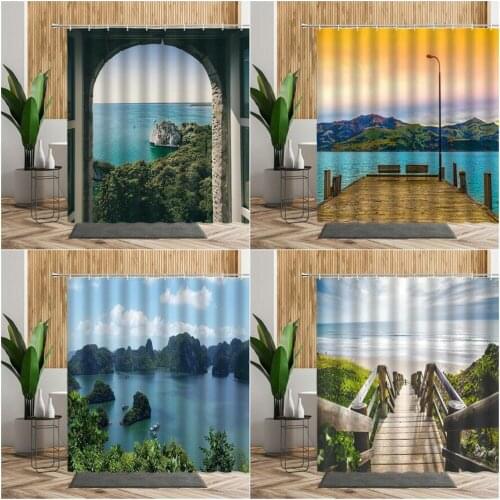 Seaside Natural Scenery Shower Curtain Wooden Bridge Mountain Range Sailboat Bathroom Decoration Waterproof Bathtub Screen Set