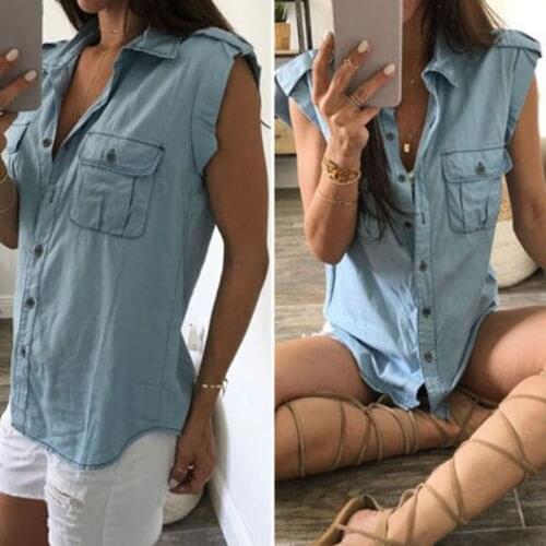 Womens Denim Jacket Summer New Style Casual Loose Shoulder Strap Button Sleeveless Pocket Pleated Work Shirt Vestidos De Muje