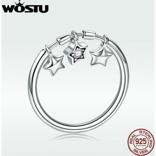 WOSTU Pure 100% 925 Sterling Silver Glitter Dangle Star Ring For Women Anniversary Party Finger Rings Fashion Jewelry DXR406