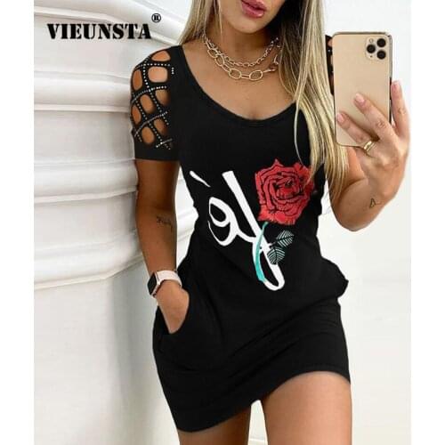 2021 Summer Rose Print O-neck Hollow Out Dress Women Spring Short Sleeve Slim Party Dress Elegant Pocket A-Line Mini Short Dress