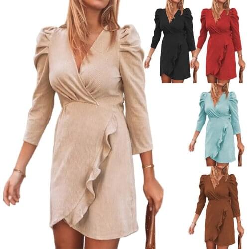 Business Casual Women Dress Summer Wrap Ruffle Trim Mini Dress Ruched Bust Sukienka Irregular Hem Frill Dress Deep V Neckline