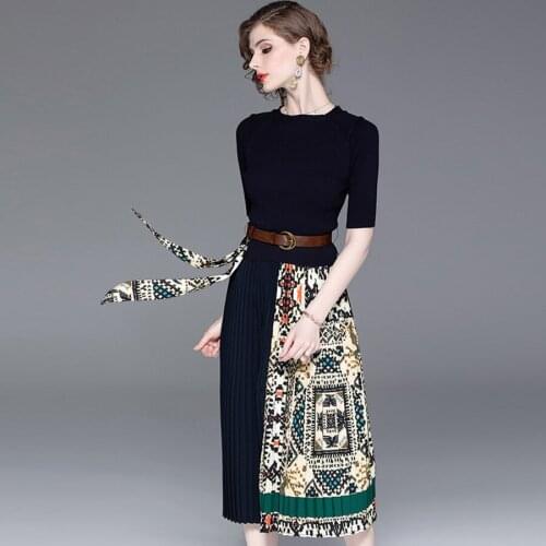 2021 Office Autumn Lady New Fashion Half-Sleeve Sweater Top Spliced Pleated Vintage Print Mid-Calf Dress With Sashes