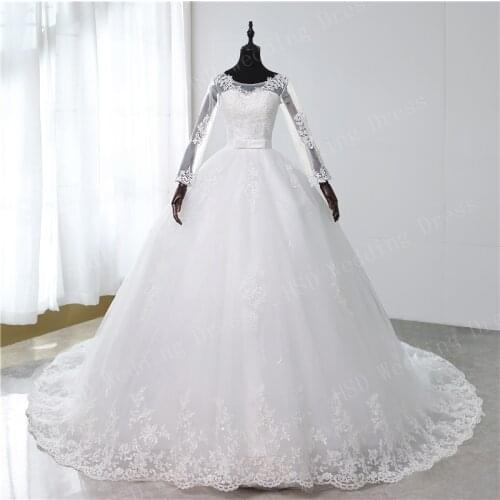 Real Photo 2021 New O-Neck Plus Size Wedding Dresses With Sleeve Long Lace Embroidery Train Bridal Gown Elegant Vestido De Noiva