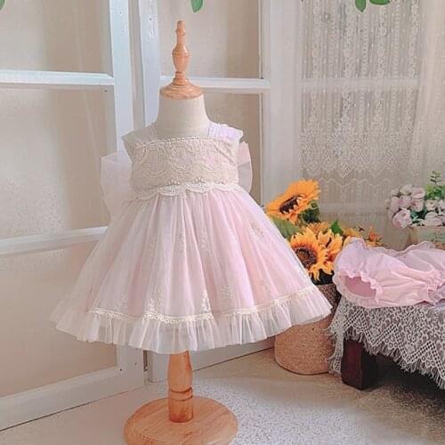 2PCS Summer Lolita Spanish Princess Ball Gown Lace Mesh Sleeveless Ball Gown Vintage Birthday Easter Party Dress For Girls A106