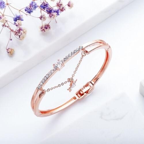 2019 Rose Gold Luxury Metal Crystal Chain Star Lock Stainless Steel Jewelry Cuff Bangles For Women Graduation Teather Gift