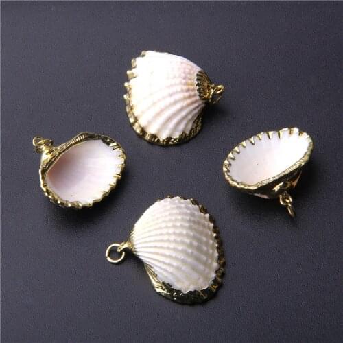 4Pcs Natural Scallop Shells Conch Gold Plated Cowrie Charms Cockle Beads Sea Shells Pendants for Jewelry Making Crafts DIY Hole