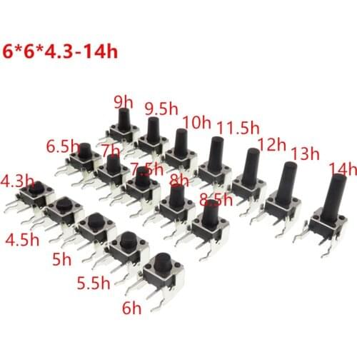 50pcs 6*6*4.3-14mm Panel PCB Momentary Tactile Tact Push Button Switch Micro Switch Right Angle With stent 2 feet
